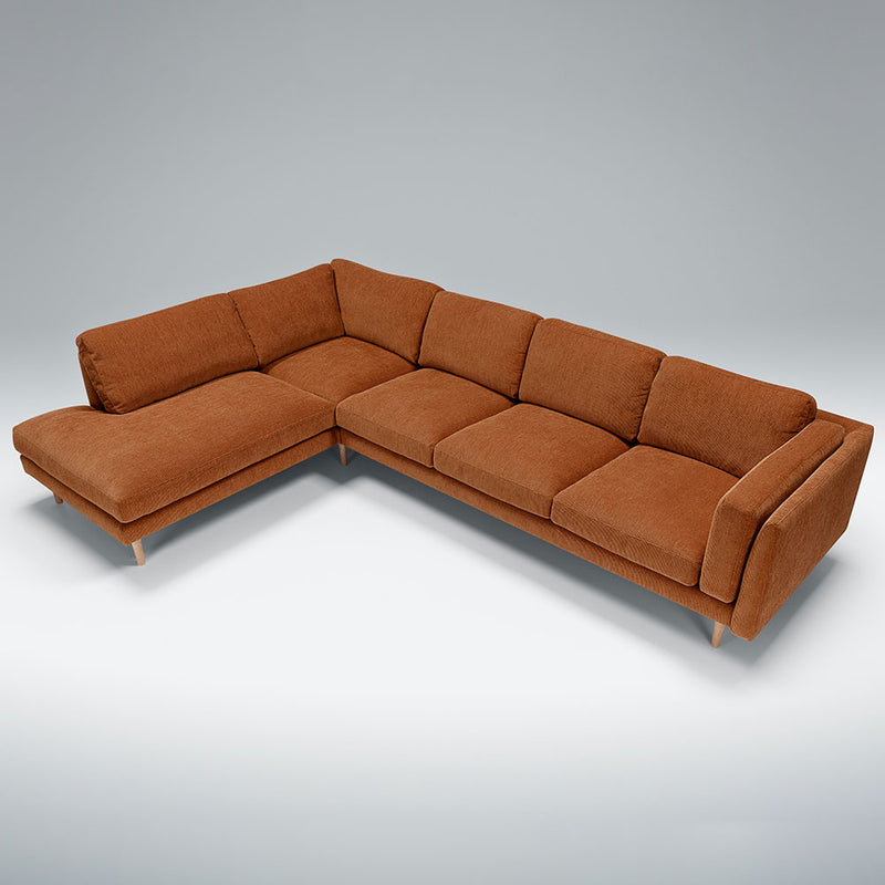 sigfrid left corner sofa moss fabric orange, natural wood conical leg