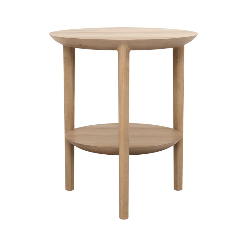 B1 side table - flat round tabletop with a tapered underside. same style shelf underneath.rounded legs.