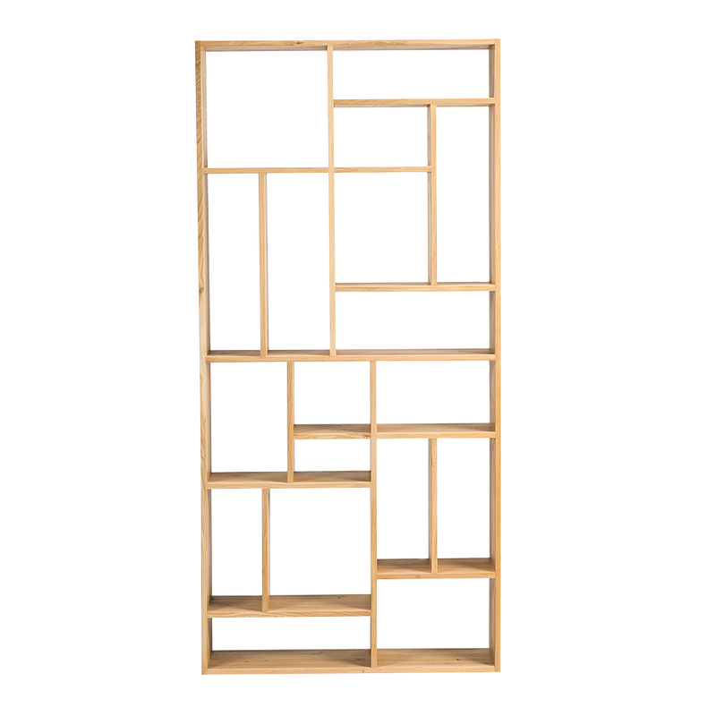 oak open bookcase display with different size and shaped openings