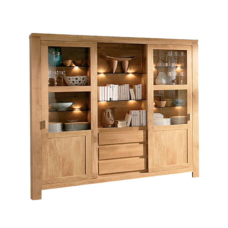 Eos large sliding door display cabinet with lighting behind glass and 3 central drawers