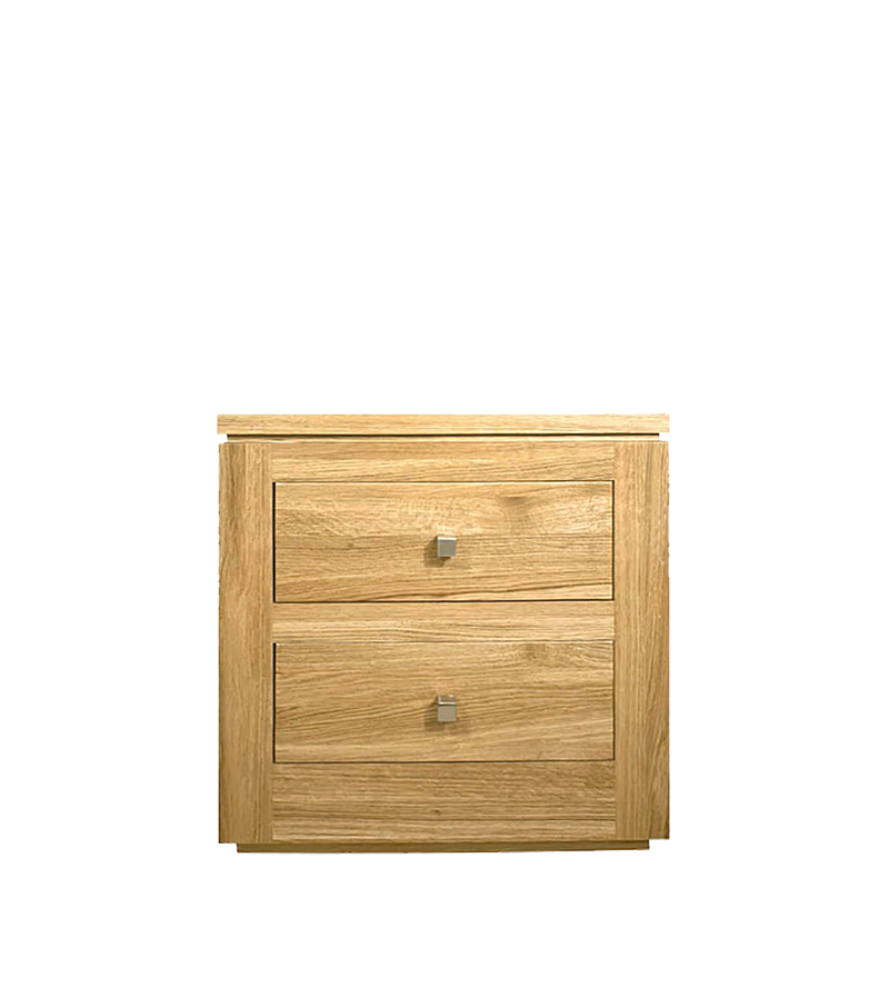 elements Oak bedroom collection, 2 drawer bedside shown with square silver knobs