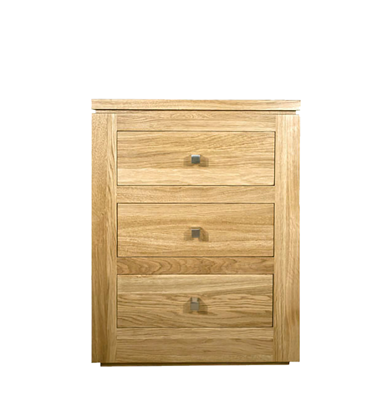 elements Oak bedroom collection, 3 drawer bedside shown with square silver knobs