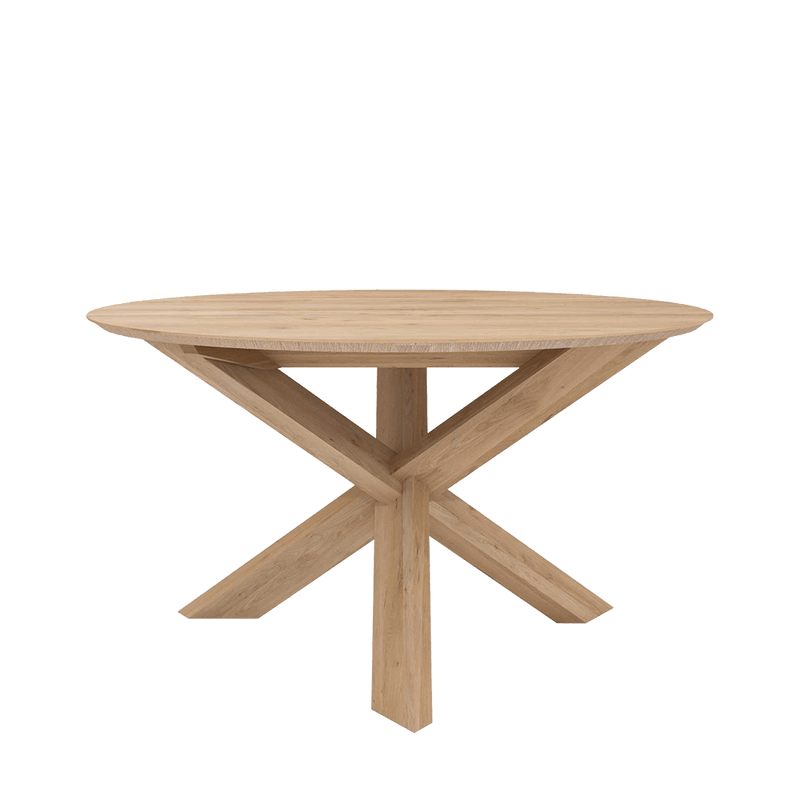 Elements dining table side view showing legs crossed at the centre pedestal