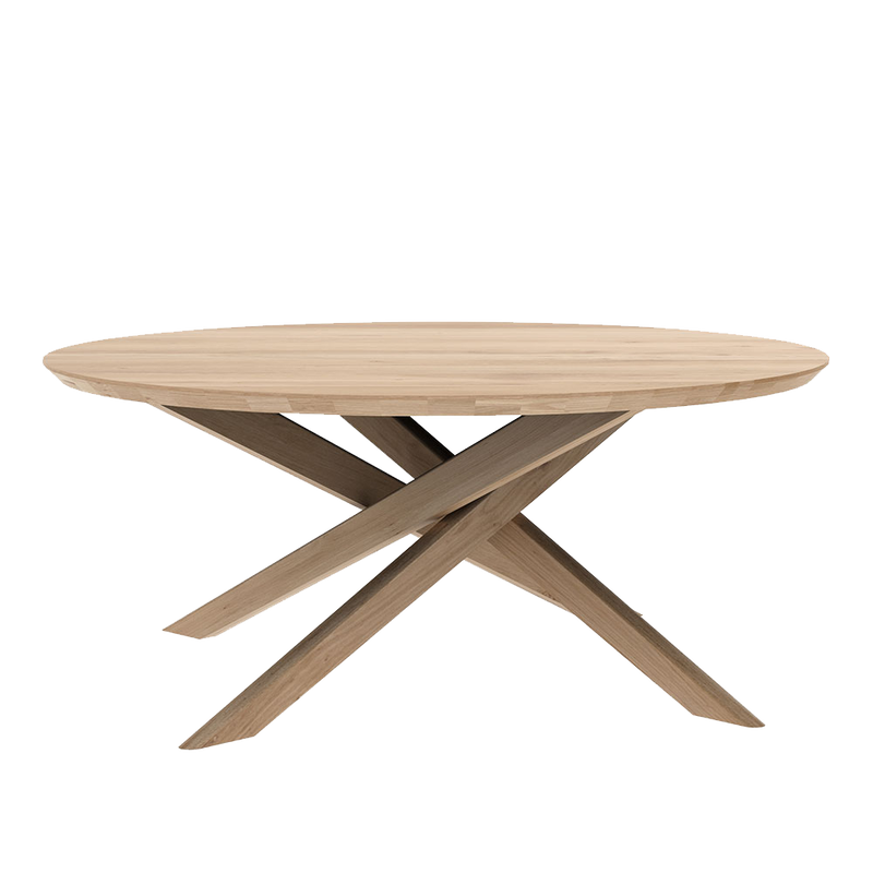side view of round elements coffee table, tapered edge over legs that cross underneath