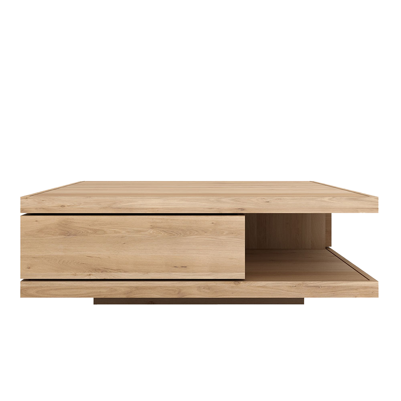 Flat coffee table, showing drawer front and open shelf underneath