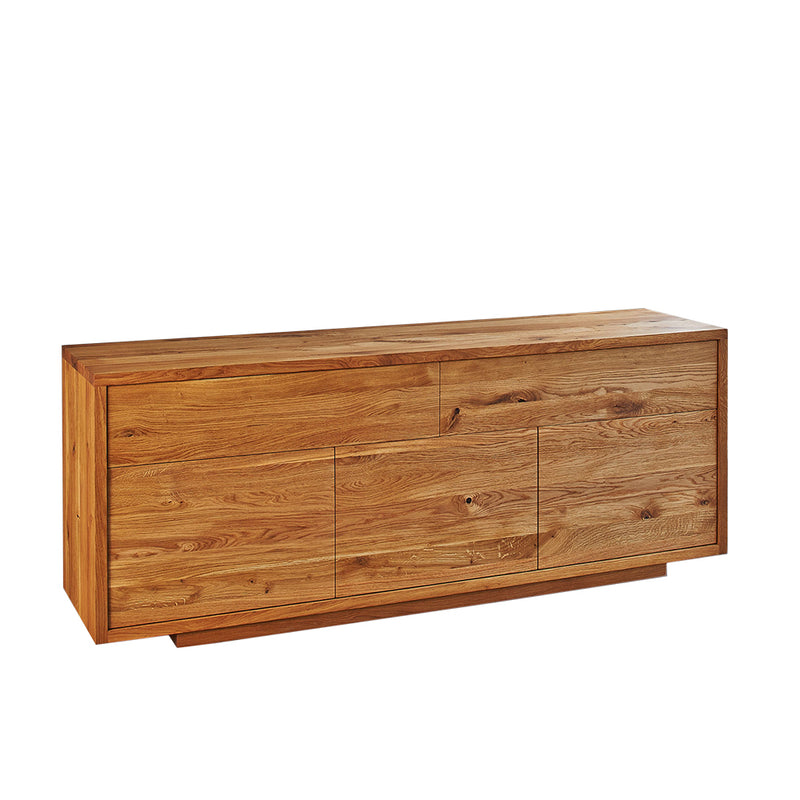 flat fronted oak sideboard with grain matched doors and push open drawers and doors