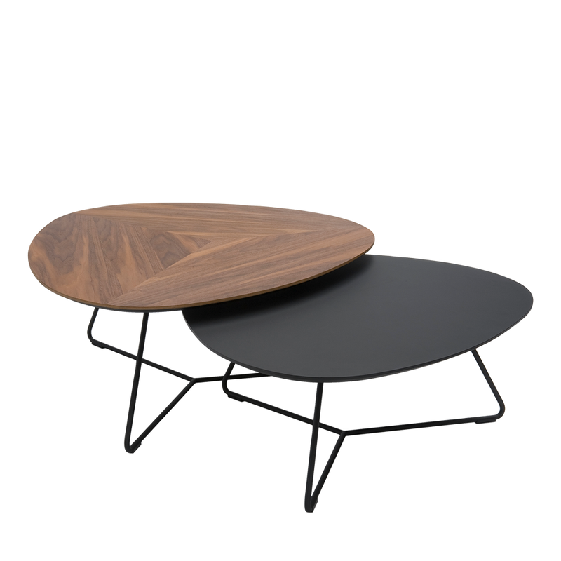 pebble nesting coffee table set with walnut and black fenix tops