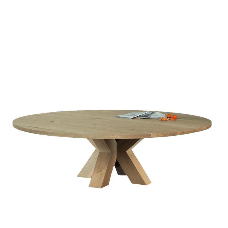 round oak dining table with thick central pedestal legs