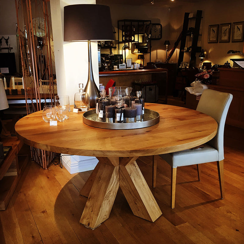 Sopwell Oak, round barn table, heavy natural oak circle table with heavy oak pedestal