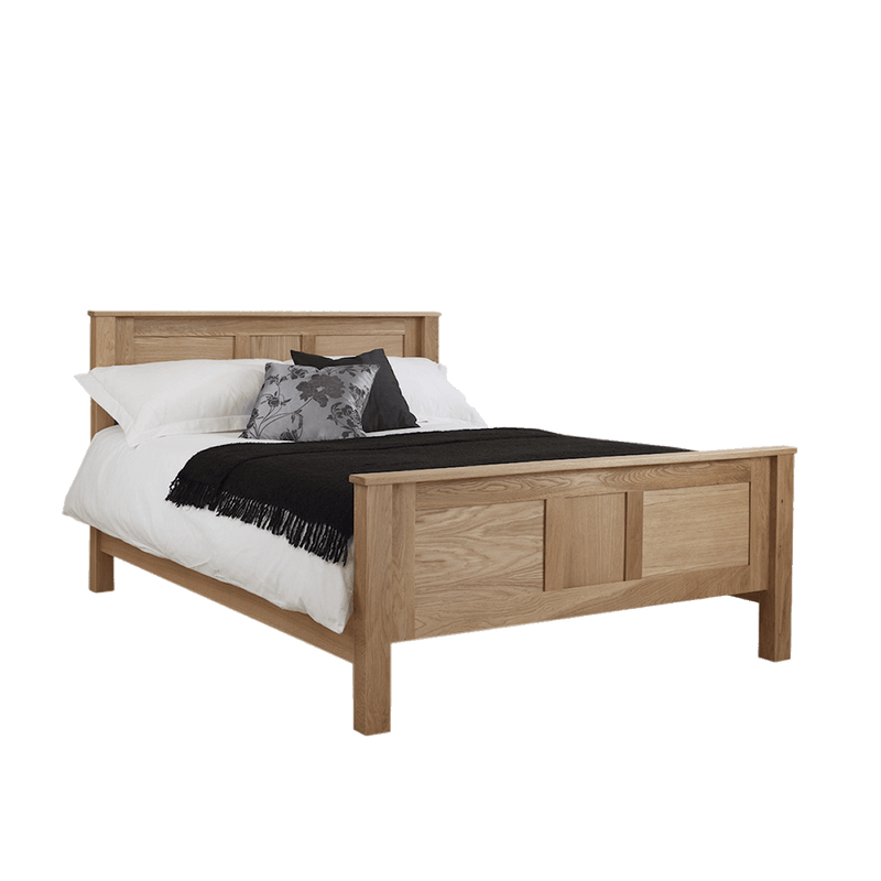 solid oak bed with solid panel headboard and high end panel at footend
