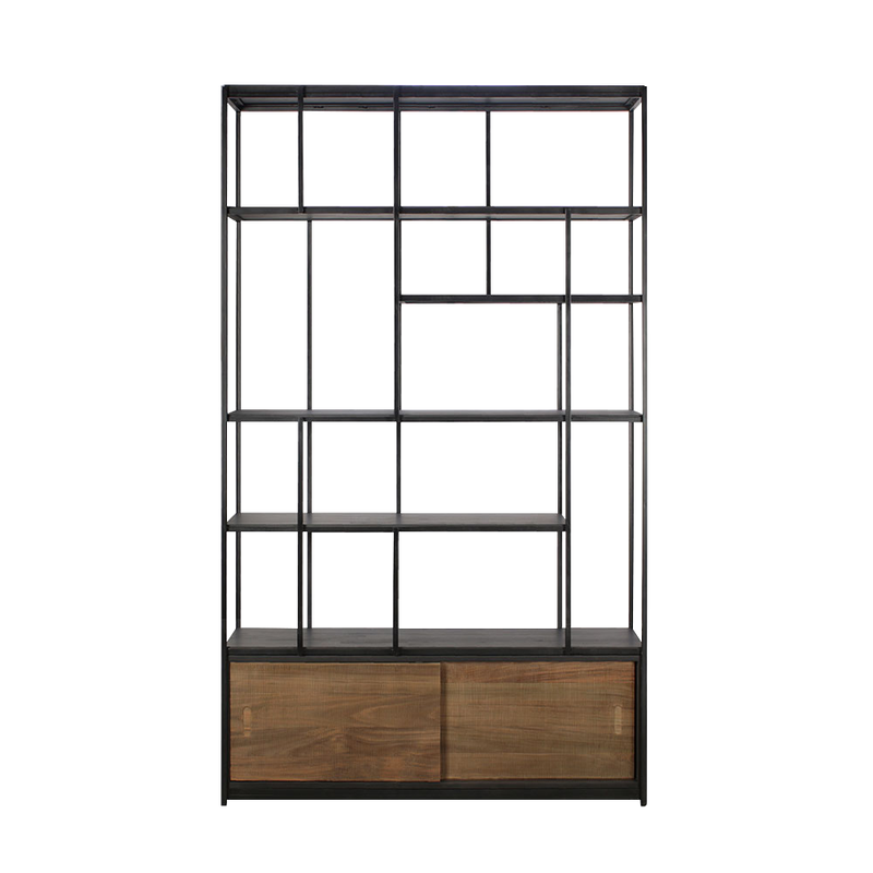 open teak bookcase display with 2 teak sliding doors in the bottom