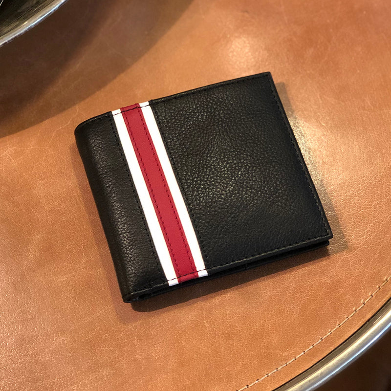 black wallet with feature stripe of white and red. all leather.