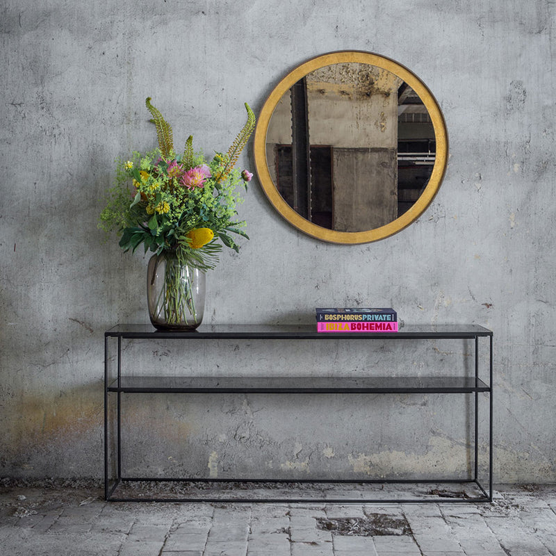 sofa console in charcoal mirror finish, black frame as hall table under mirror