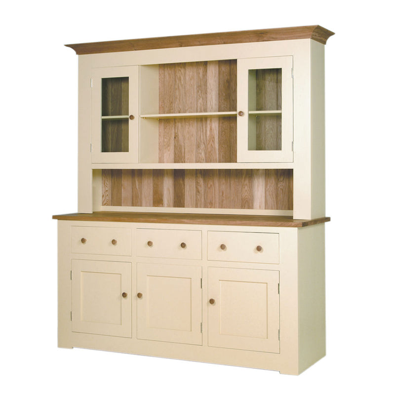 cream painted provence dresser, drawers and doors with glass front door display cupboards