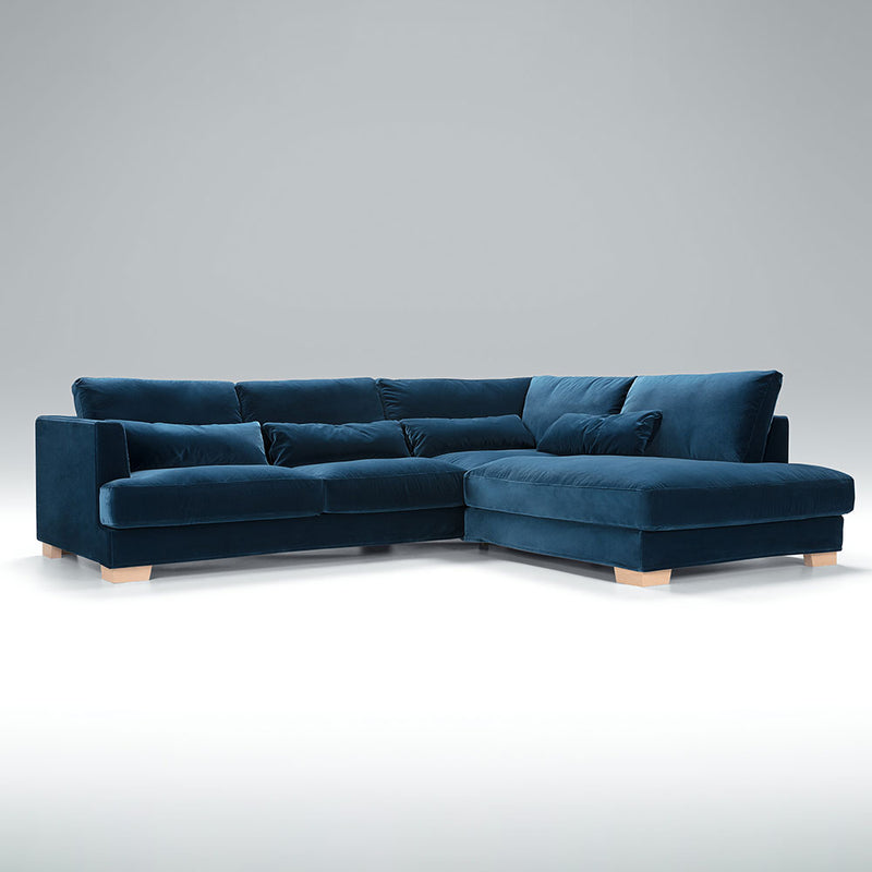 brandon right corner sofa wood leg option, lario fabric blue