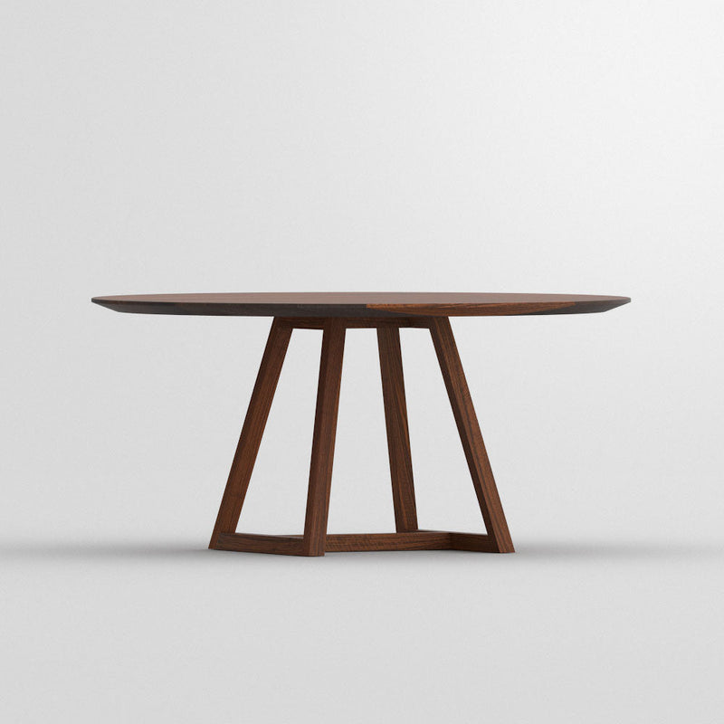 side view of round walnut dining table