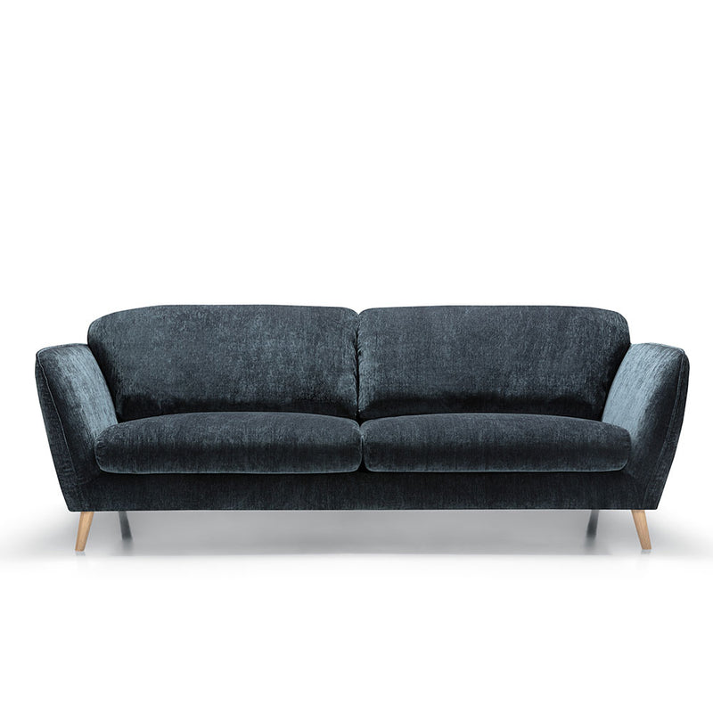 sits stella sofa in atropa dark blue fabric, wood angled leg
