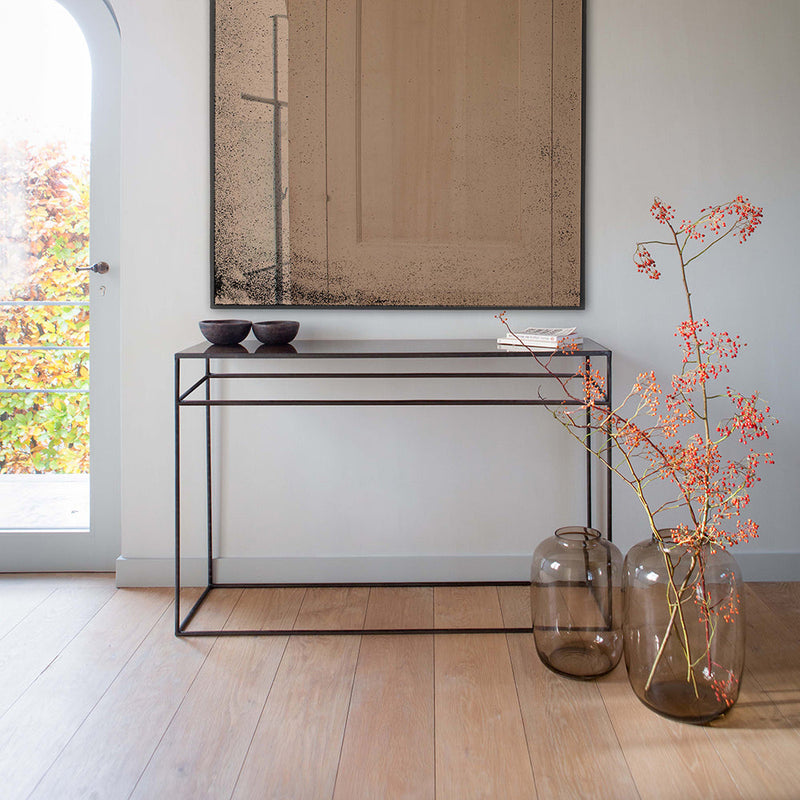 aged mirror console table- bronze glass