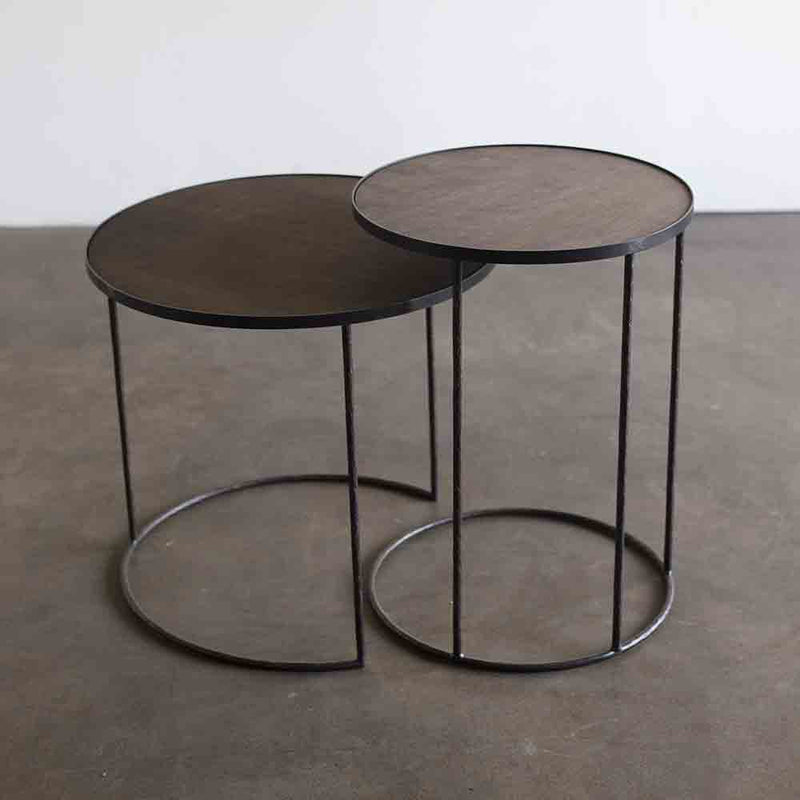black metal framed tables, with black wood tops, a small lip will hold on the tray of your choice - sold seperatley.