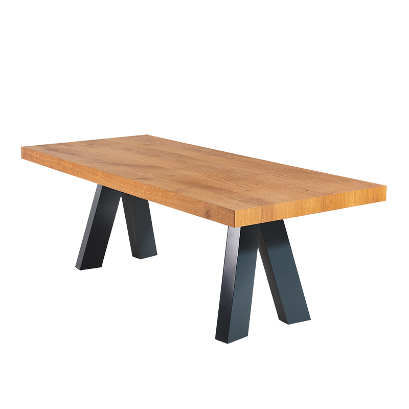 solid oak dining table with v leg indstrial style steel base