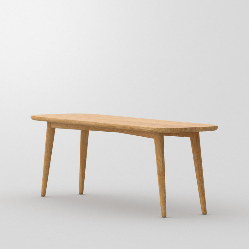 amber oak bench - backless-  with rounded edges, cone legs. side view