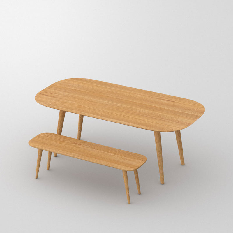 oak rectangular table with bench showing rounded leg and corners