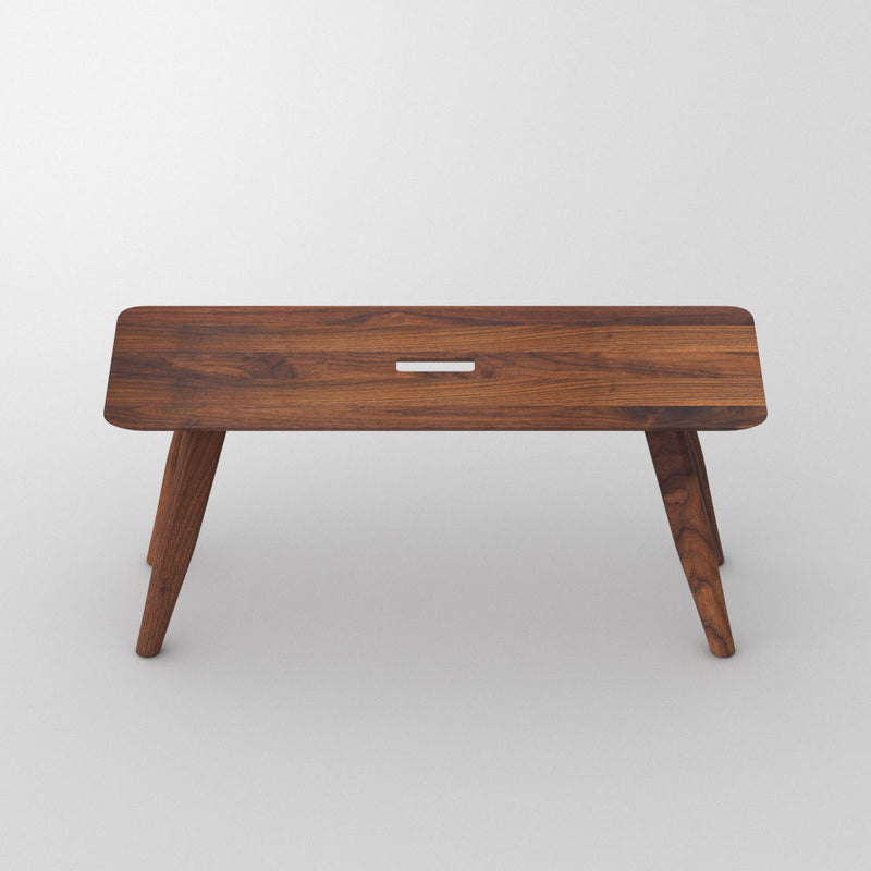 Walnut  atlas bench, angled legs with a hand hole in centre for moving around.