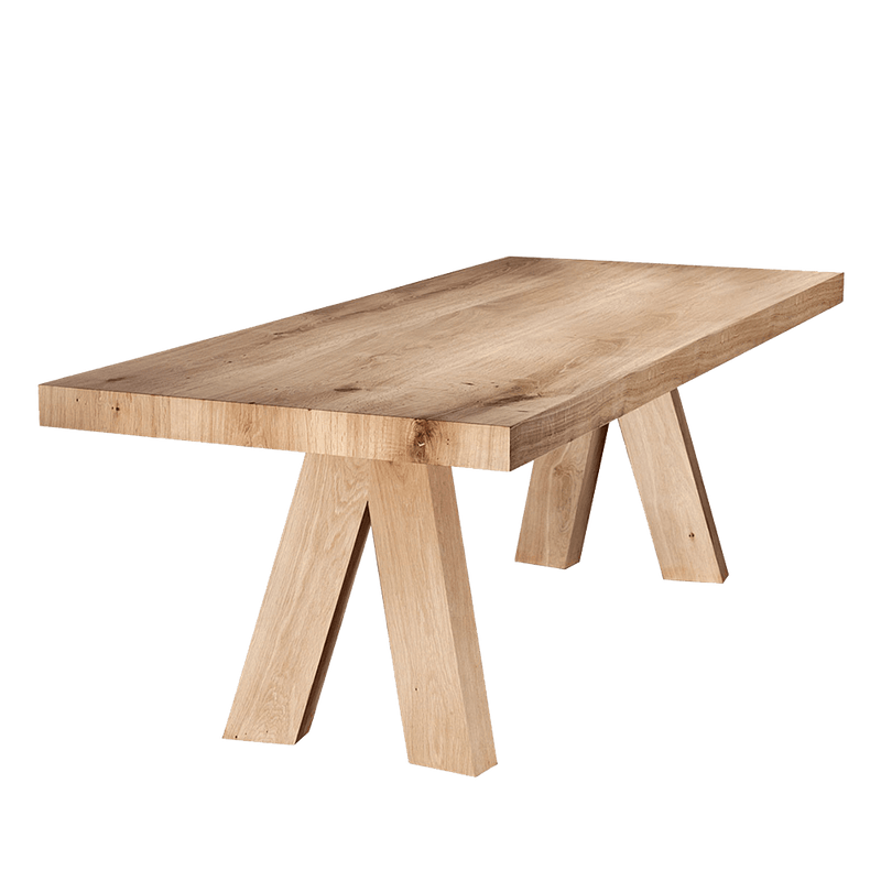 thick oak top barn table with angled legs