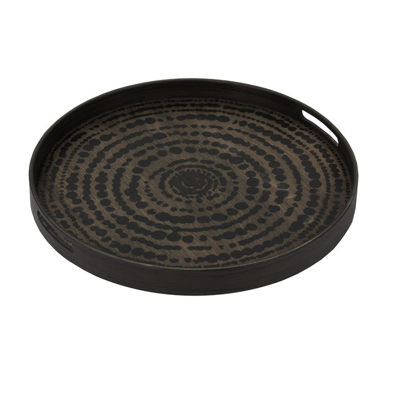 dark wood tray with handles, lighter wood base with beaded print.