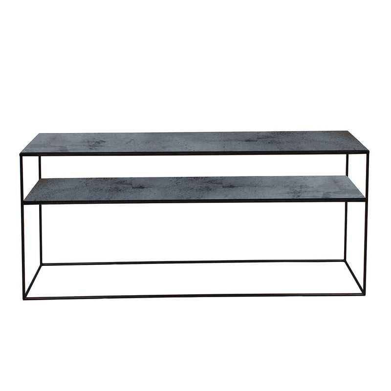 sofa console in charcoal mirror finish, black frame .