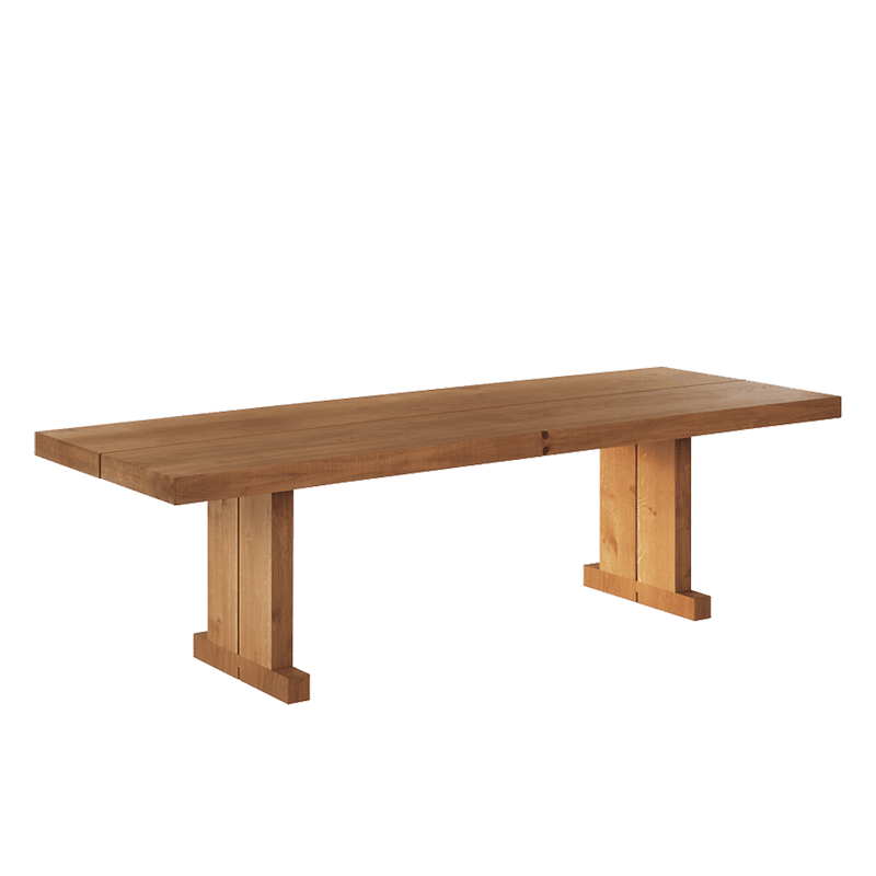 Double oak dining table with gap design running down the centre of the table and leg detail