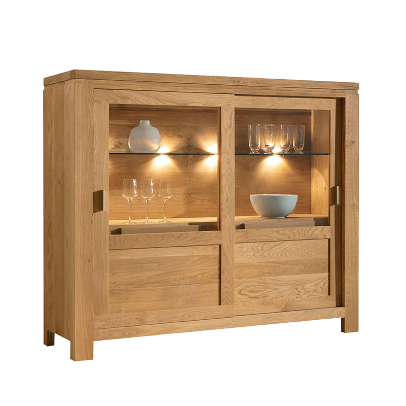 sliding door cabinet made in oak with a glass shelf and lighting