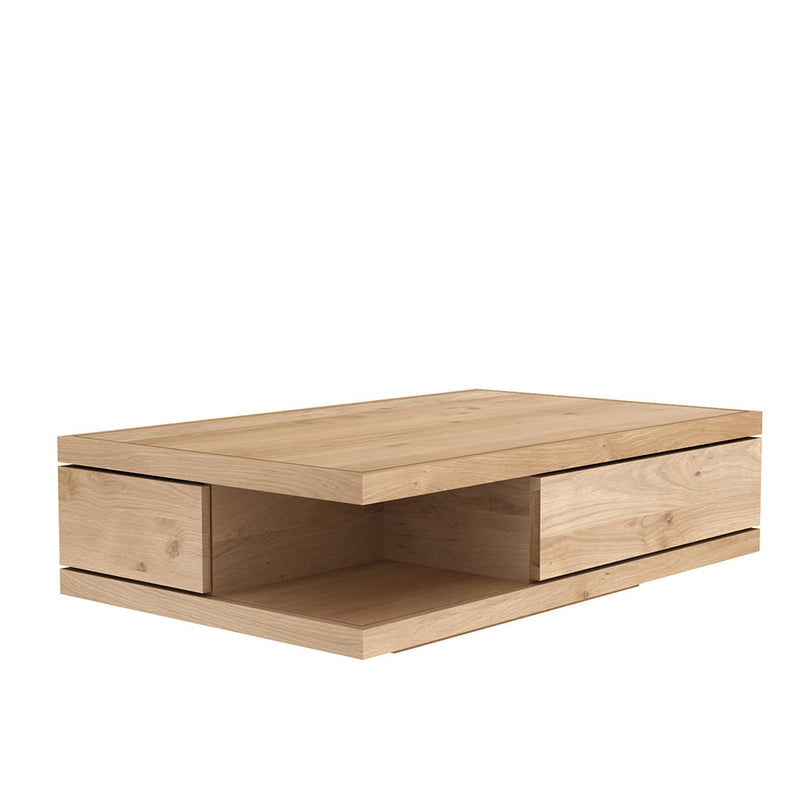 Flat coffee table, showing drawer front and open shelf underneath. angled veiw to see in space underneath