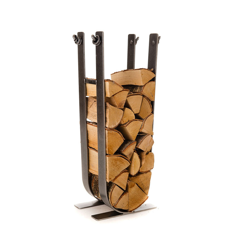 tall vertical log store in a u shaped holder, know detail at tops.