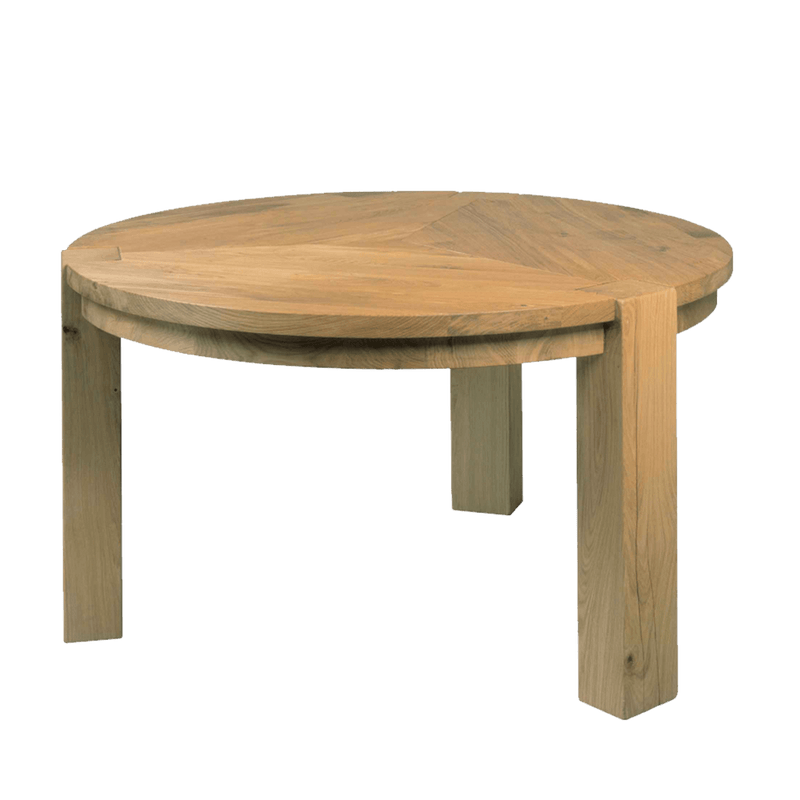 round oak dining table with 3 chunky legs with leg detail showing through the top