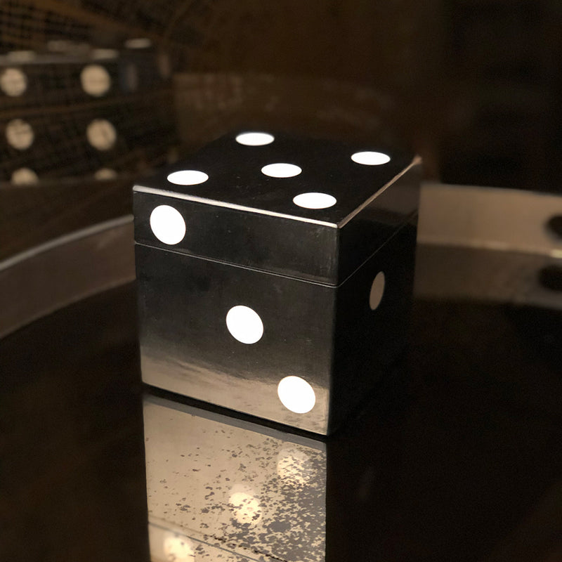 close up image of large black dice 