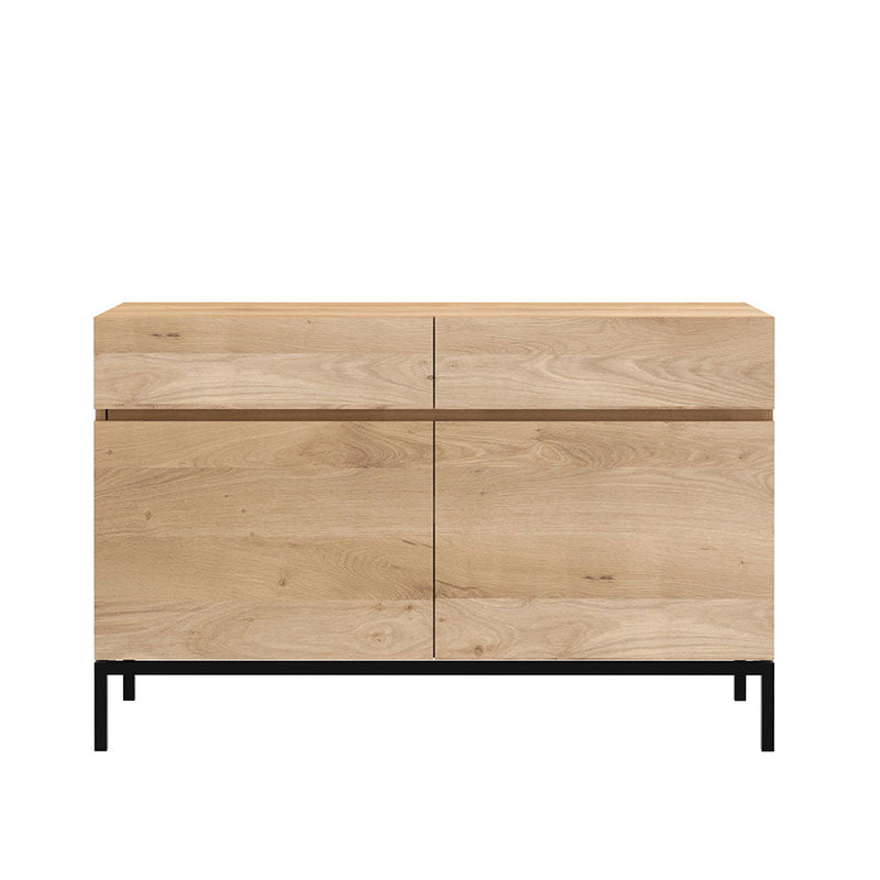 L1 sideboard showing flat front, grain continuous piece along all door fronts. 2 door option shown with black metal leg