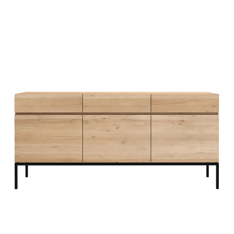 L1 sideboard in 3 doors, beneath 3 drawers, flat front with no handles, shown on black legs.