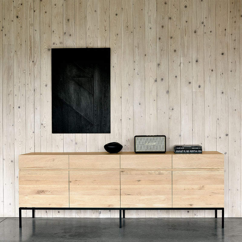 L1 sideboard showing flat front, grain continuous piece along all door fronts. 4 door option shown with black metal leg