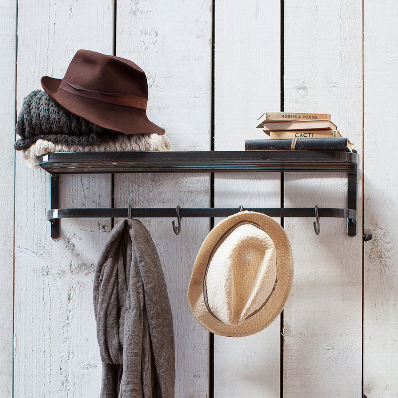 Wall hanging shelf and hook, shown with hallway hats and scarves hanging