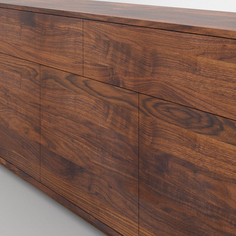 Linn sideboard with flat handle less front.close up of continuous grain in walnut