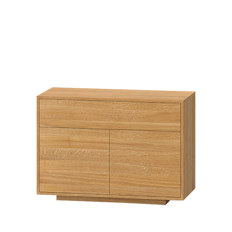 small oak linn cabinet with push open doors.