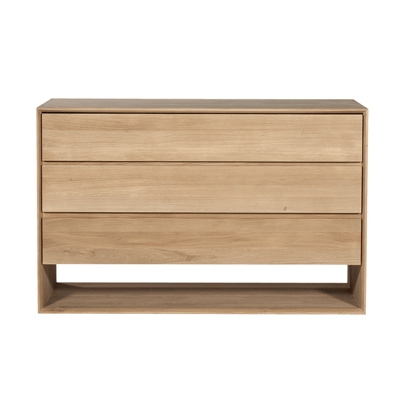 flat front  handle-less drawers with space at the base for shoe storage