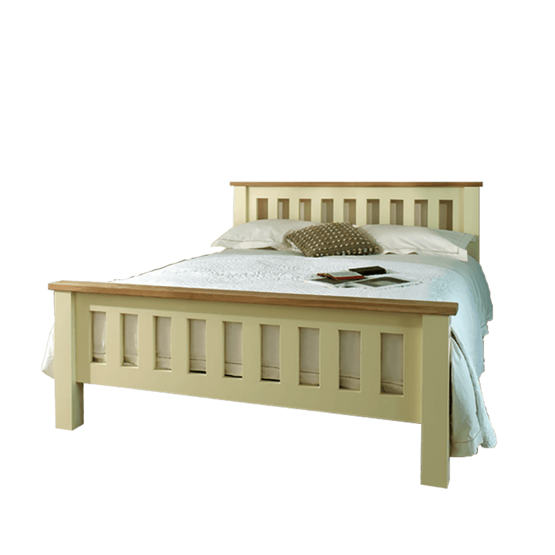 Painted king size bed with slatted head and foot end - finished in cream with oak trim