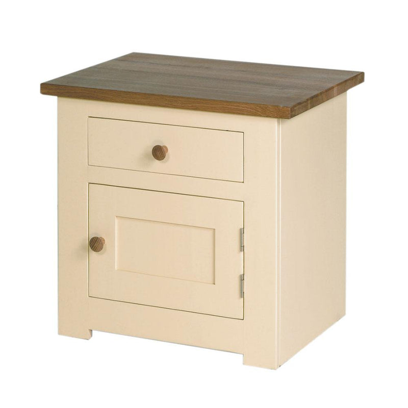 Provence painted bedside cupboard in cream paint finish, Oak top and oak knobs on the single drawer over single door.