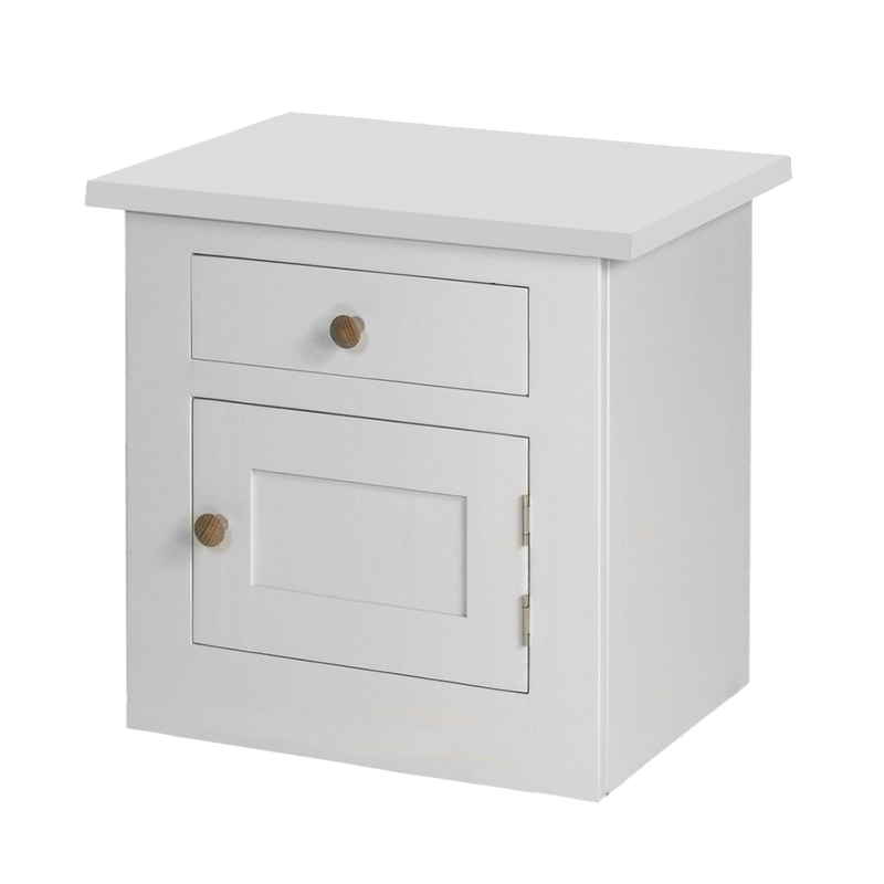 Provence painted bedside in all white paint finish, oak knobs on the single drawer over single door.