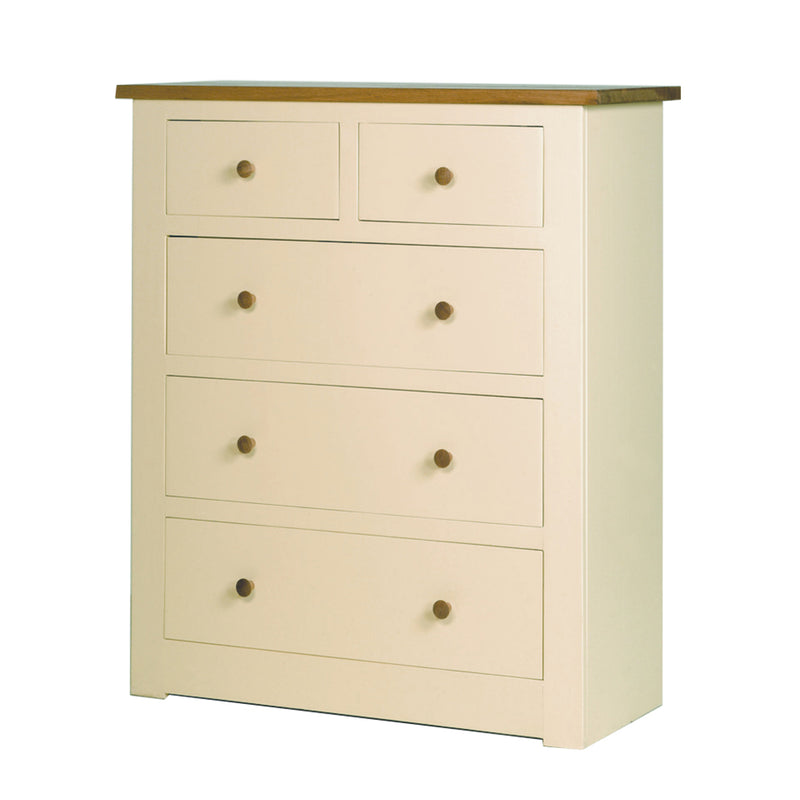 Provence painted chest of drawers  in cream paint and oak top and knobs. square edge drawers 
