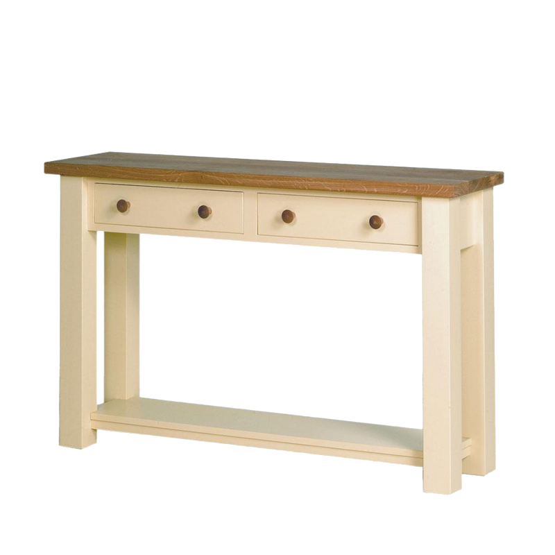 Provence wood console table, pained cream with oak tabletop and knobs. two drawers for keys or mail.
