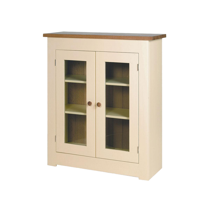 Provence painted cupboard, glass front doors, painted shelves with natural oak back board, top and knobs.