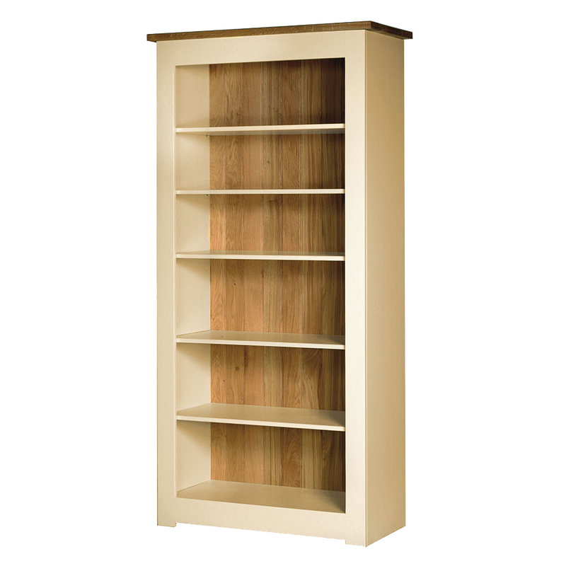 Provence painted bookcase. frame and shelves are shown all cream with natural oak top and back.